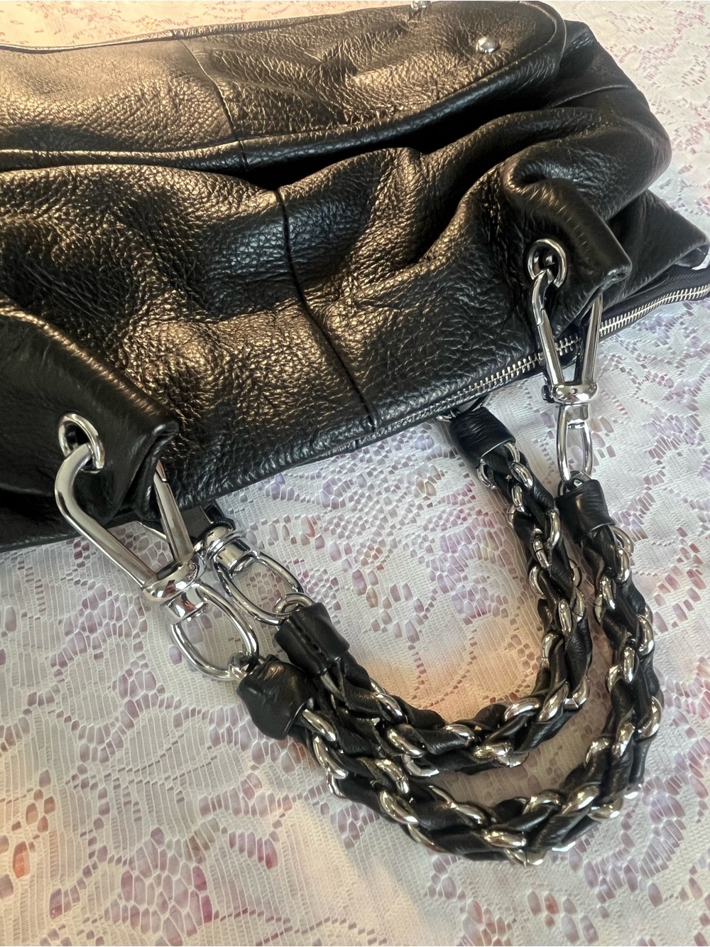 Black Slouchy Shoulder Bag with Chain Detail - Picture 14 of 14